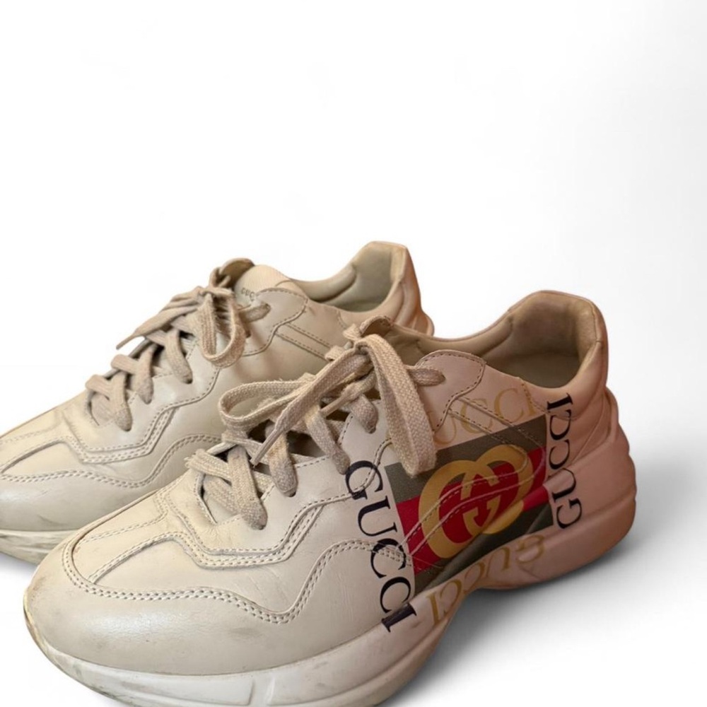Gucci Beige Sneakers with Red and Black Logo